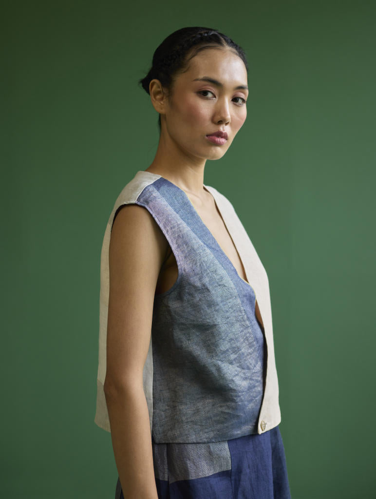 Izumi Color-Blocked Co-ord Set - Navy linen by Manan in navy color for women Worldwide