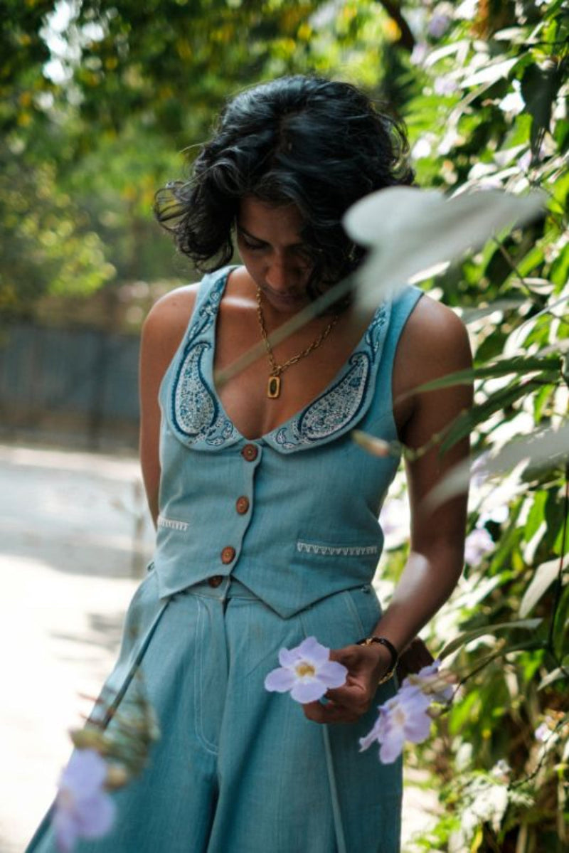 Handloom Denim Koti Waistcoat by JodiLife for women Worldwide