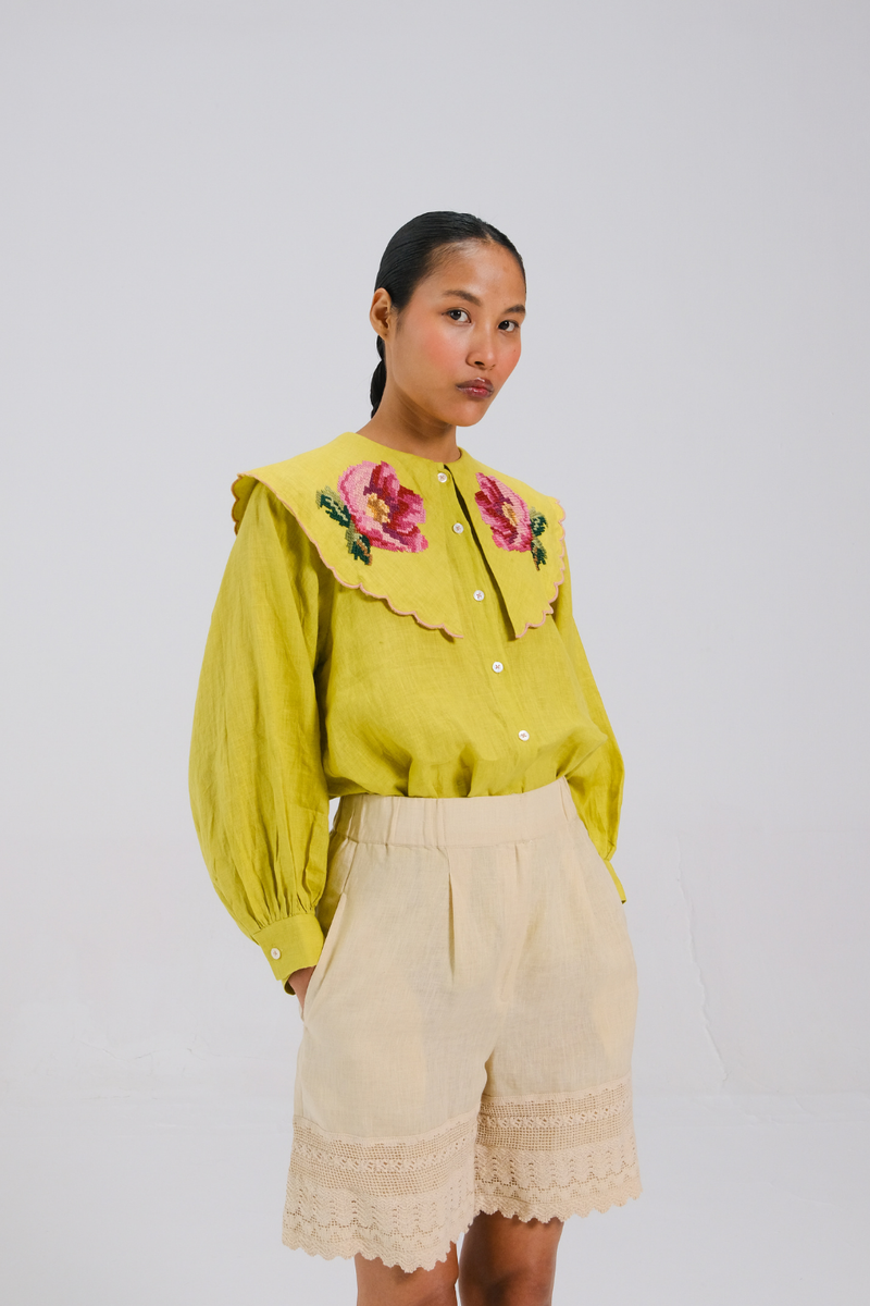 JULIA TOP - LIME ROSE EMB all linen by CORD for women Worldwide