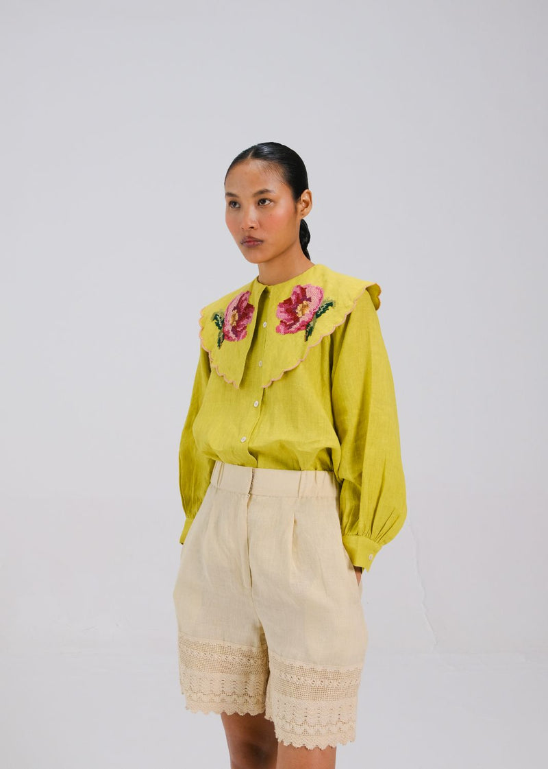 JULIA TOP - LIME ROSE EMB all linen by CORD for women Worldwide