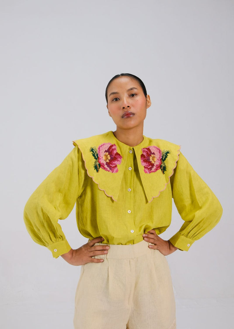JULIA TOP - LIME ROSE EMB all linen by CORD for women Worldwide