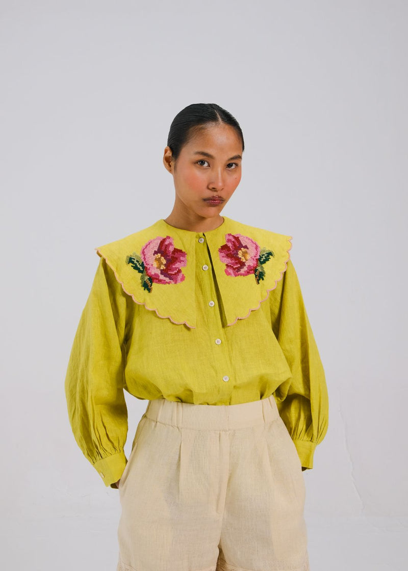JULIA TOP - LIME ROSE EMB all linen by CORD for women Worldwide