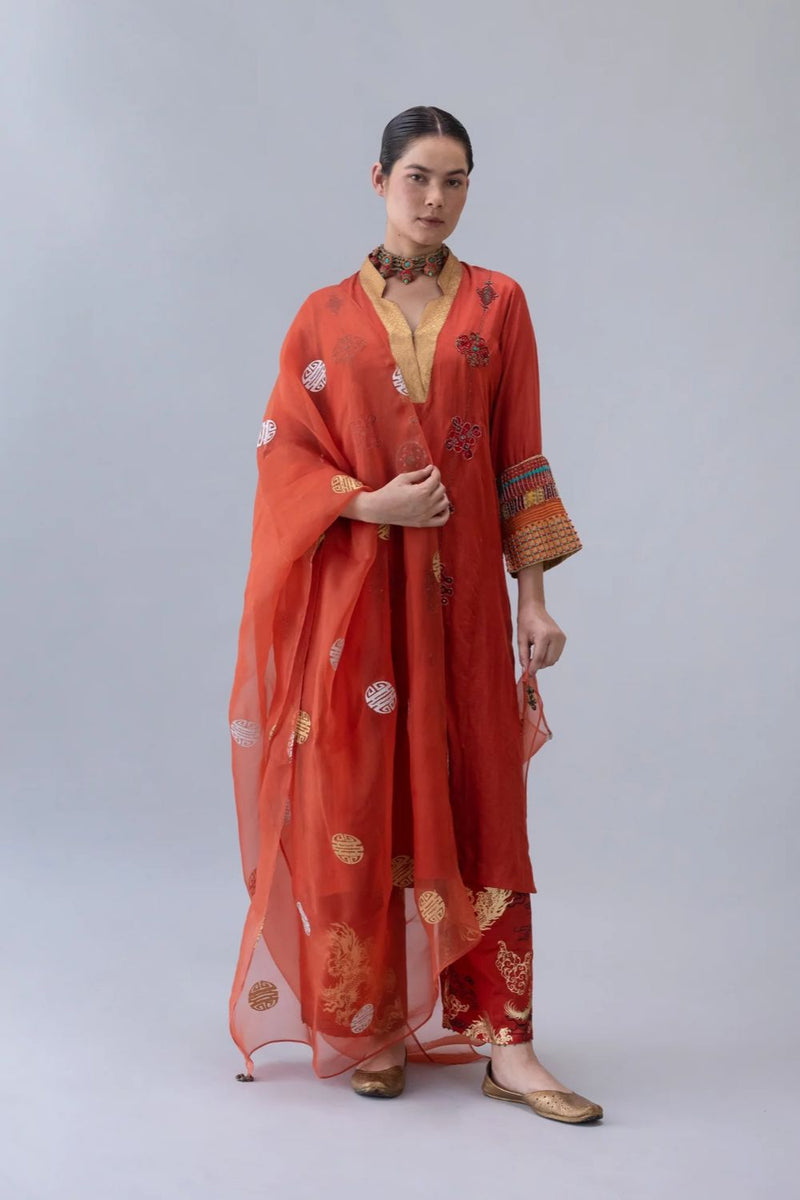 Jakar Kurta-Rust satin by Shades of India in rust color for women Worldwide