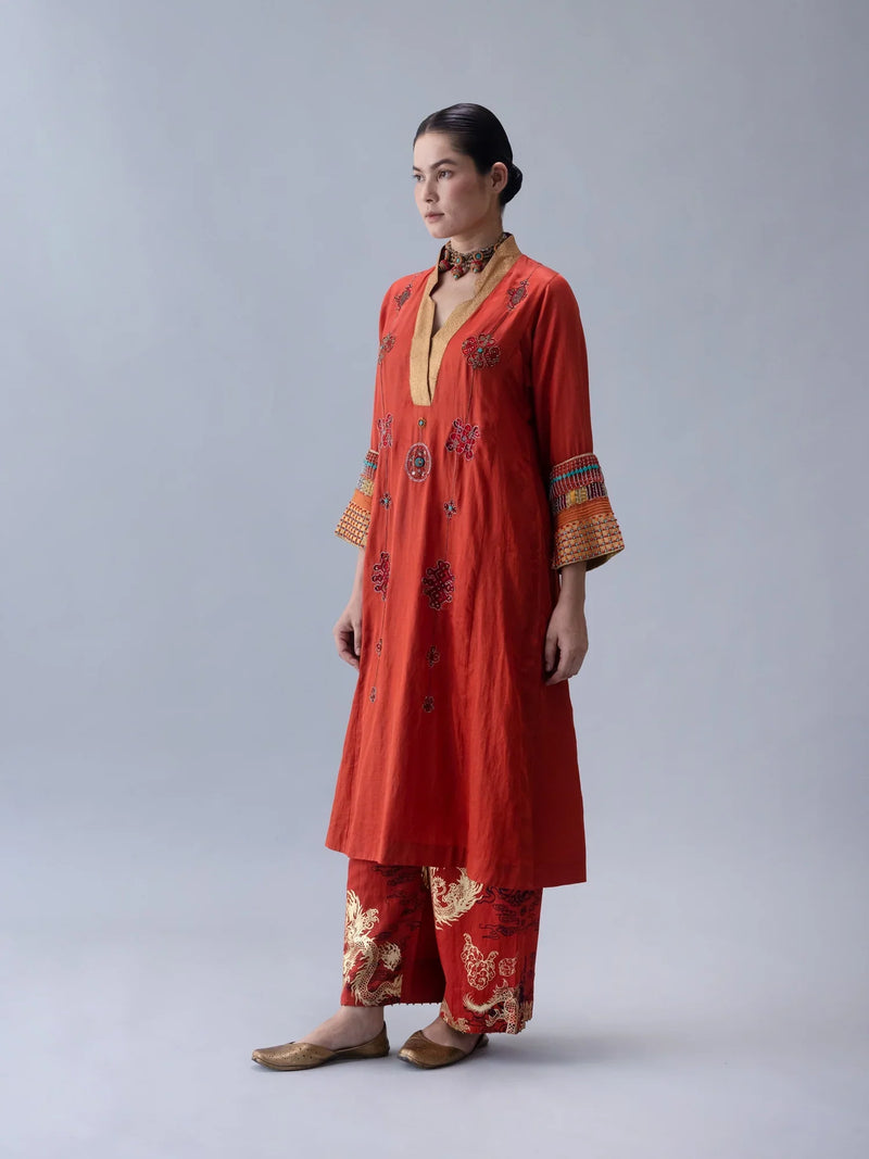Jakar Kurta-Rust satin by Shades of India in rust color for women Worldwide