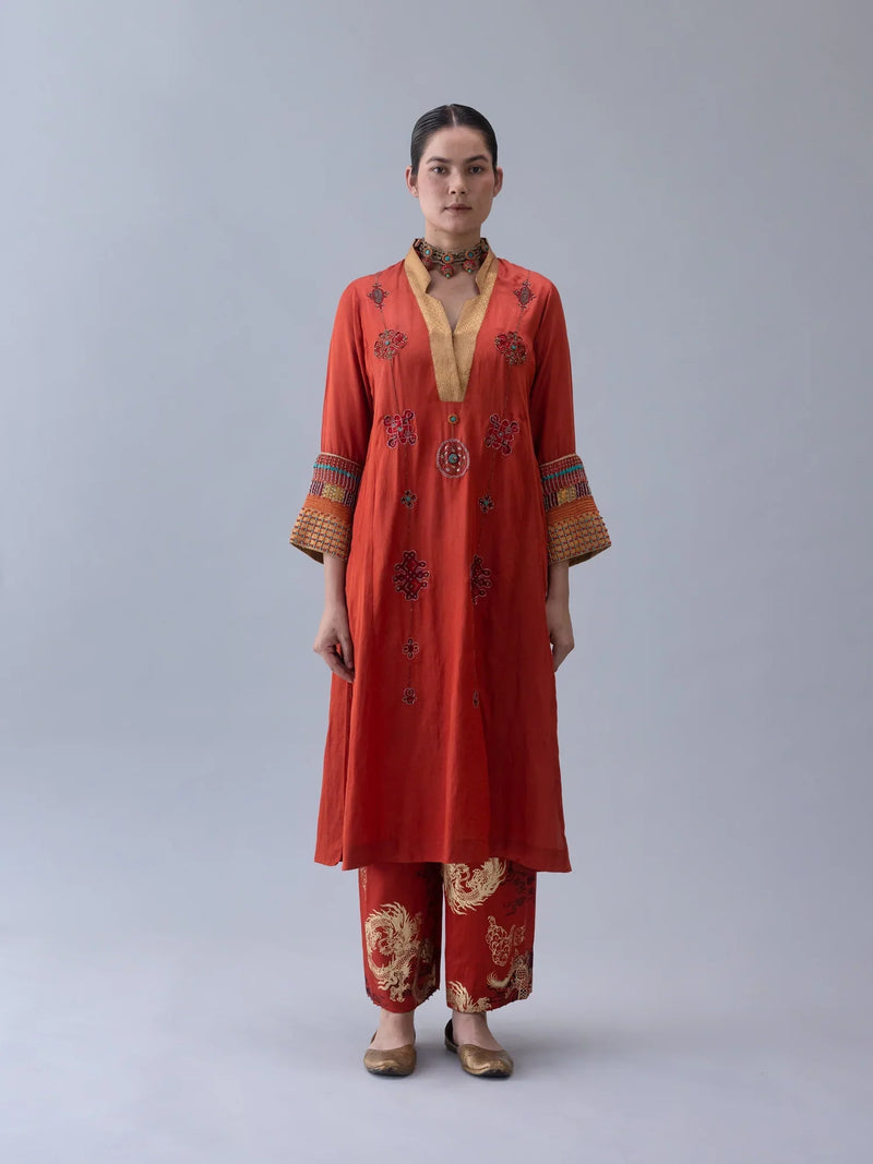 Jakar Kurta-Rust satin by Shades of India in rust color for women Worldwide