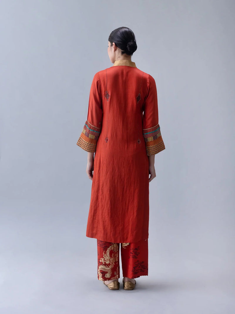 Jakar Kurta-Rust satin by Shades of India in rust color for women Worldwide
