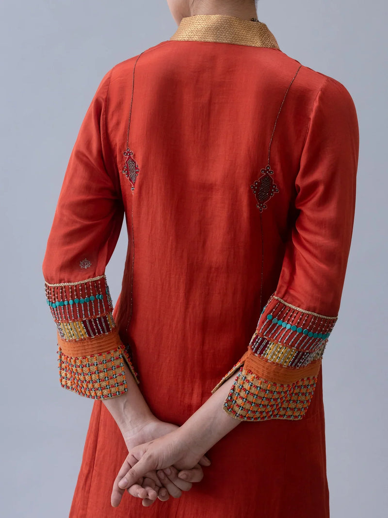 Jakar Kurta-Rust satin by Shades of India in rust color for women Worldwide