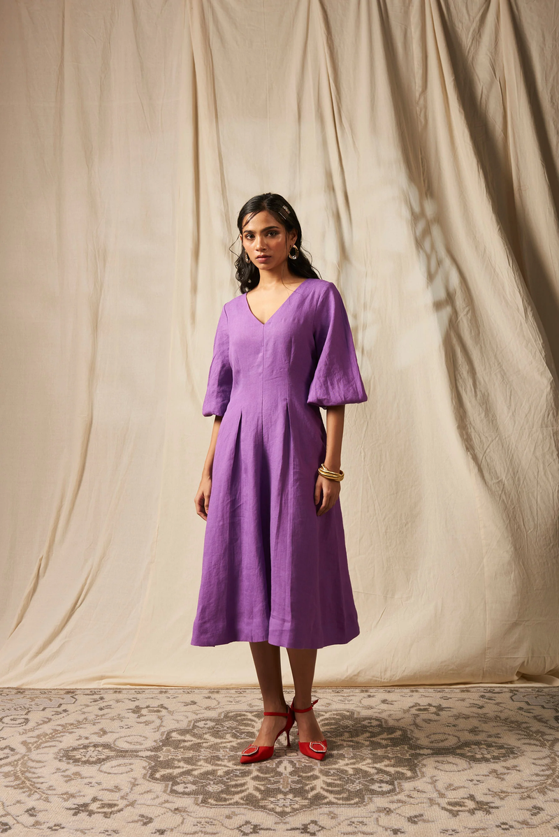 Jambu Linen Billow Dress linen by Saphed in purple color for women Worldwide