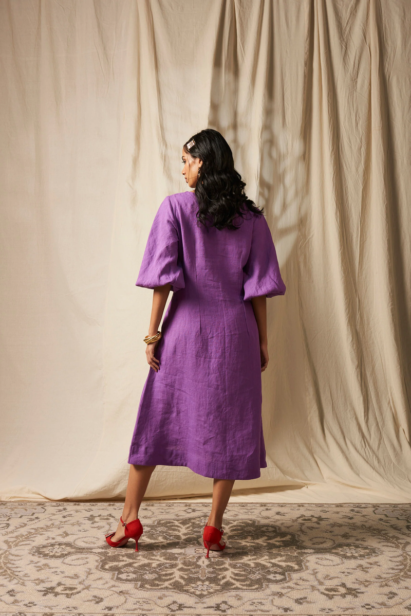 Jambu Linen Billow Dress linen by Saphed in purple color for women Worldwide