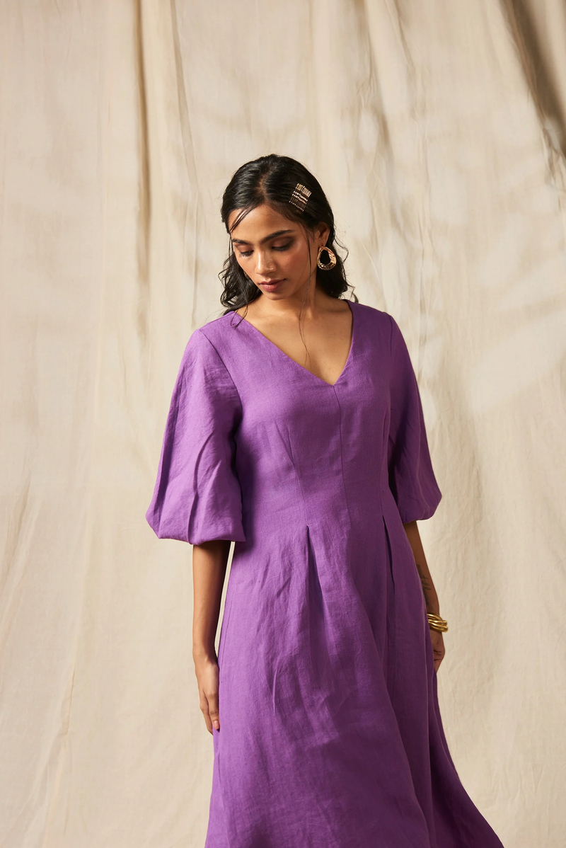 Jambu Linen Billow Dress linen by Saphed in purple color for women Worldwide