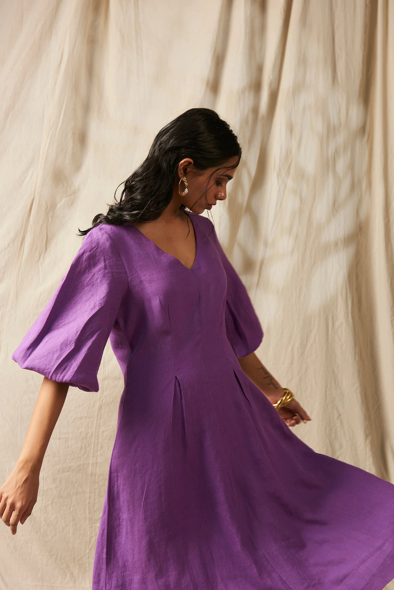 Jambu Linen Billow Dress linen by Saphed in purple color for women Worldwide