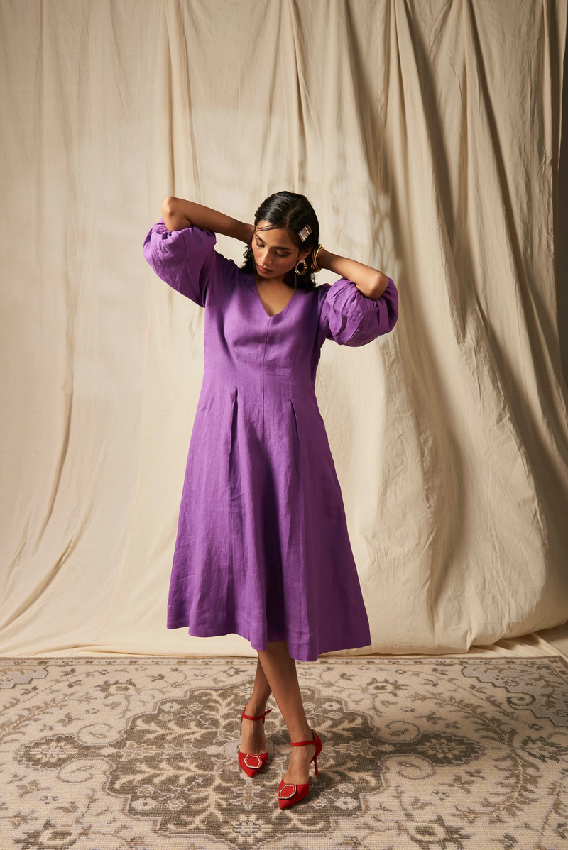Jambu Linen Billow Dress linen by Saphed in purple color for women Worldwide