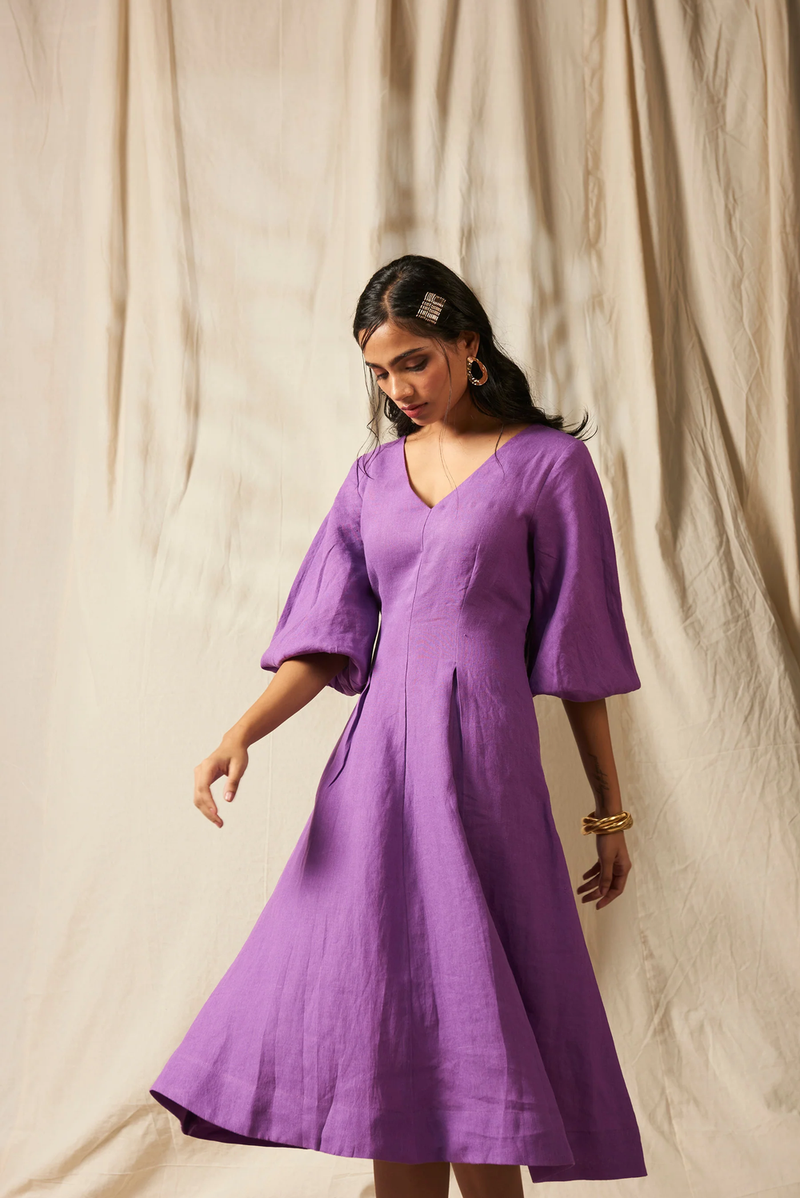Jambu Linen Billow Dress linen by Saphed in purple color for women Worldwide