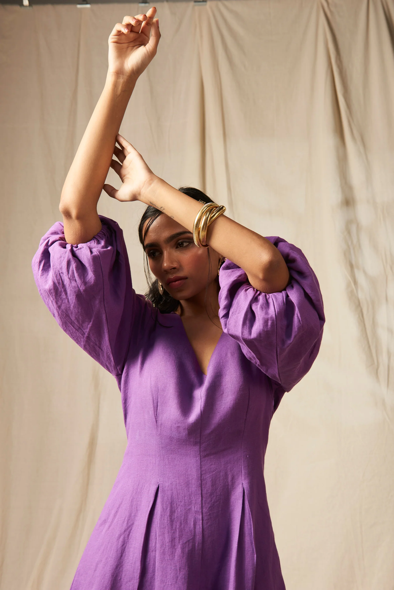 Jambu Linen Billow Dress linen by Saphed in purple color for women Worldwide