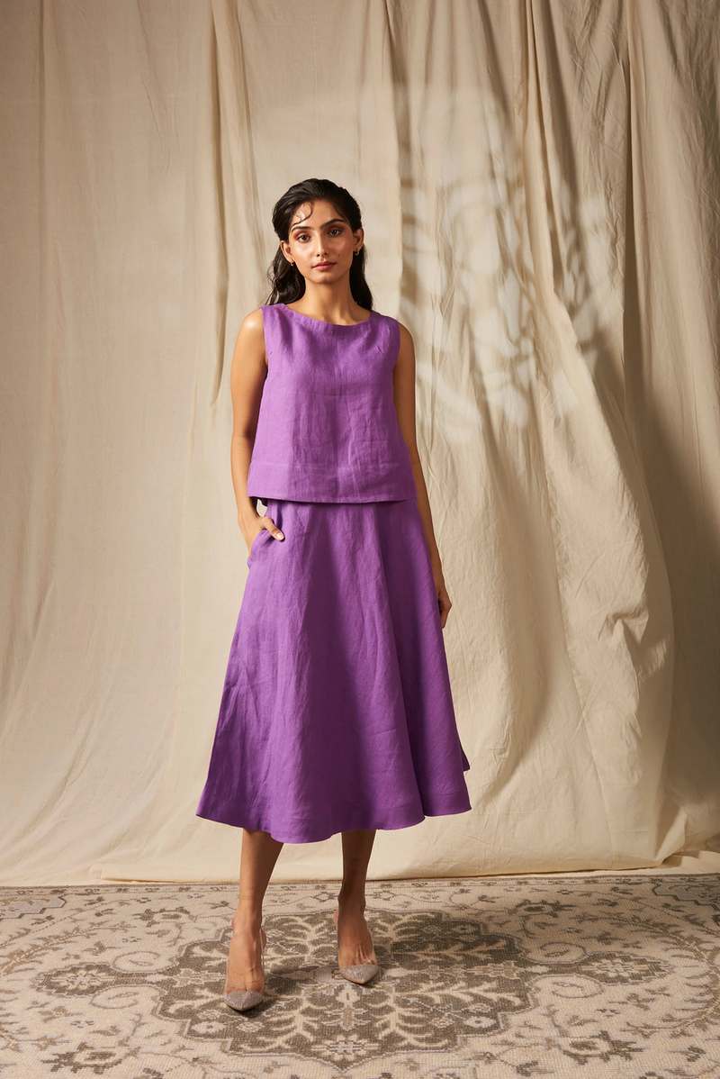 Jambu Linen Flared Skirt Set linen by Saphed in purple color for women Worldwide