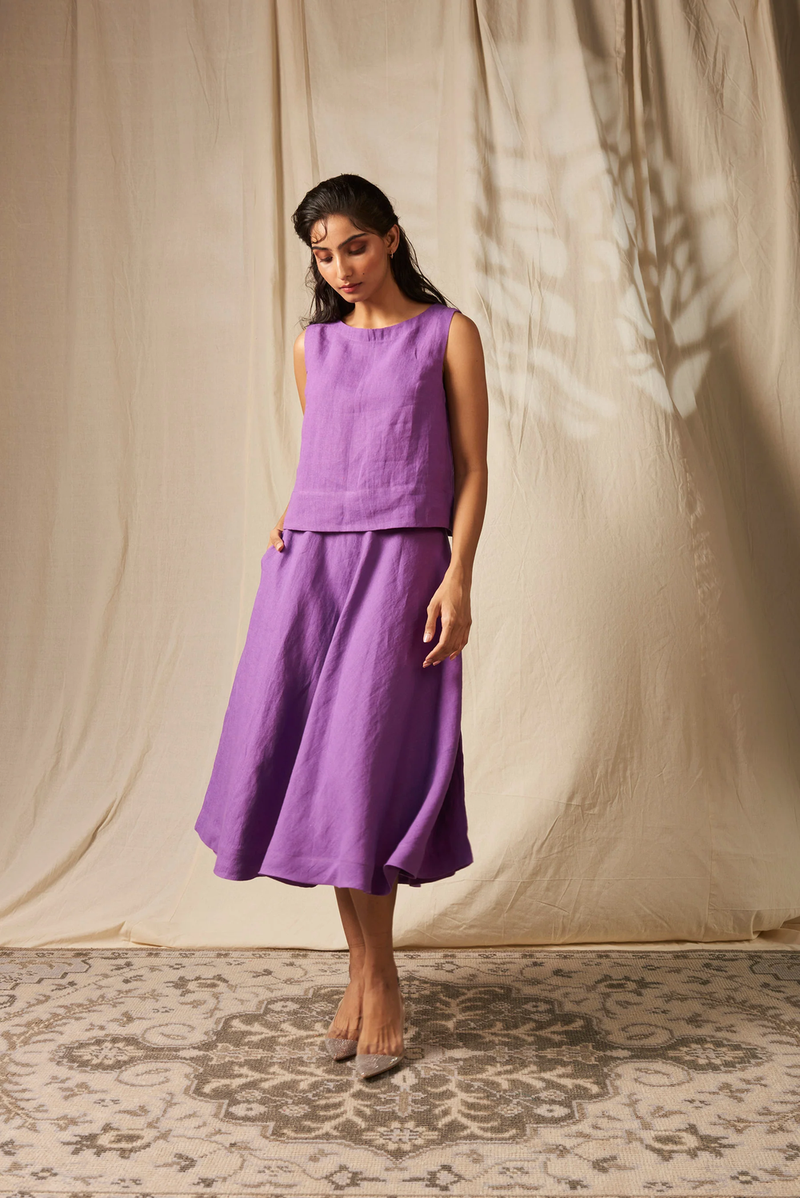 Jambu Linen Flared Skirt Set linen by Saphed in purple color for women Worldwide