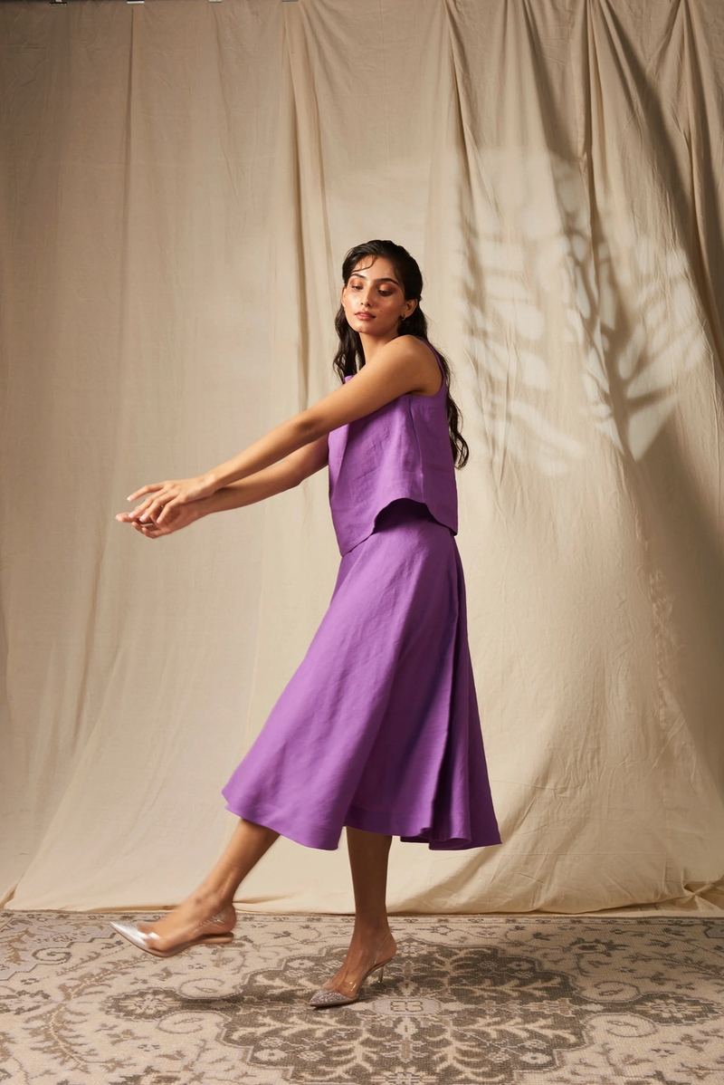 Jambu Linen Flared Skirt Set linen by Saphed in purple color for women Worldwide