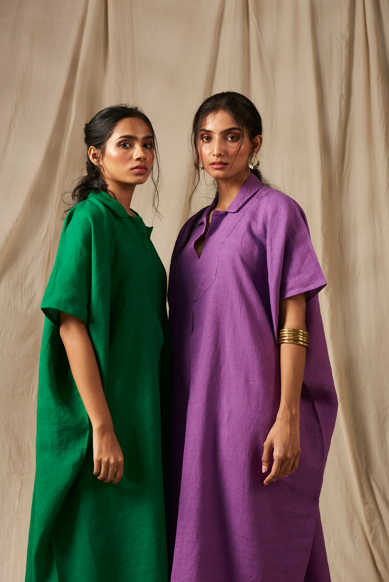 Jambu Linen Kaftan Dress linen by Saphed in purple color for women Worldwide