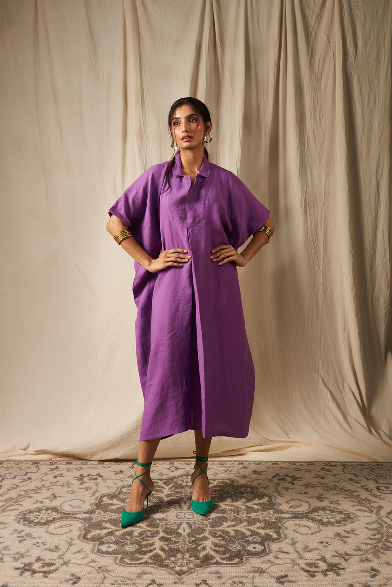 Jambu Linen Kaftan Dress linen by Saphed in purple color for women Worldwide