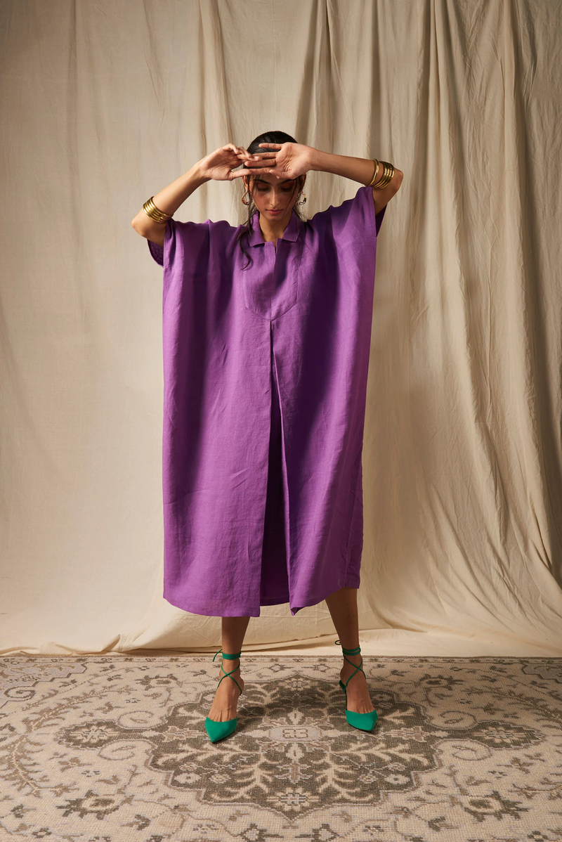 Jambu Linen Kaftan Dress linen by Saphed in purple color for women Worldwide