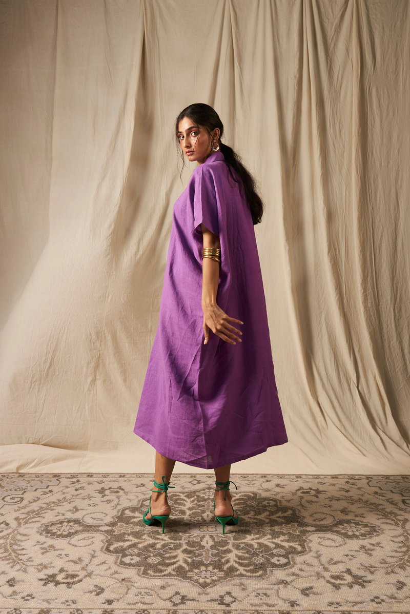 Jambu Linen Kaftan Dress linen by Saphed in purple color for women Worldwide