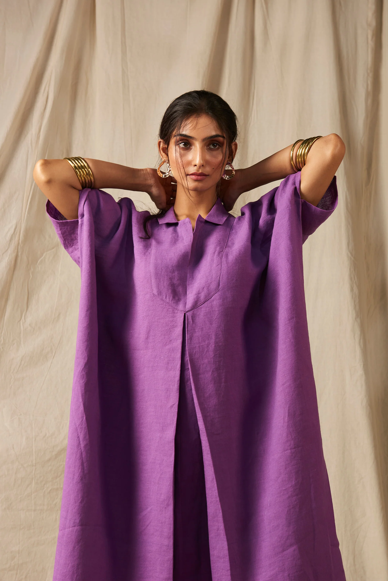 Jambu Linen Kaftan Dress linen by Saphed in purple color for women Worldwide