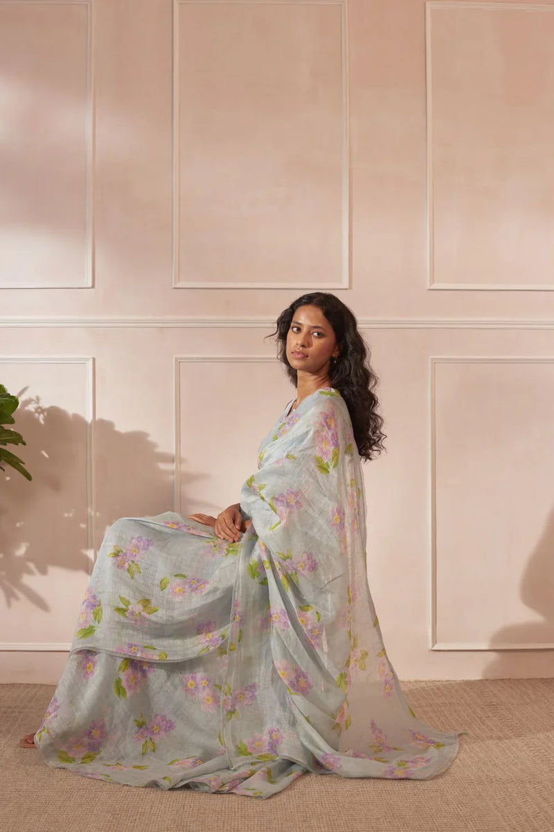 Jarul Linen Silk Sari by Nadiya Paar in blue color for women Worldwide