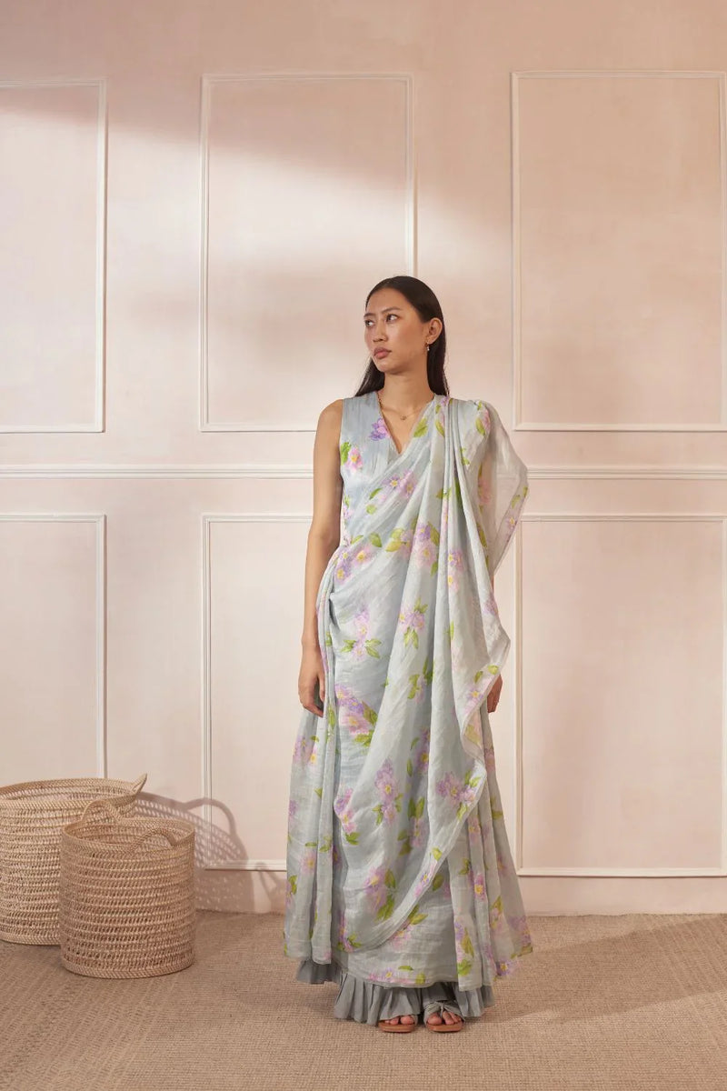 Jarul Linen Silk Sari by Nadiya Paar in blue color for women Worldwide