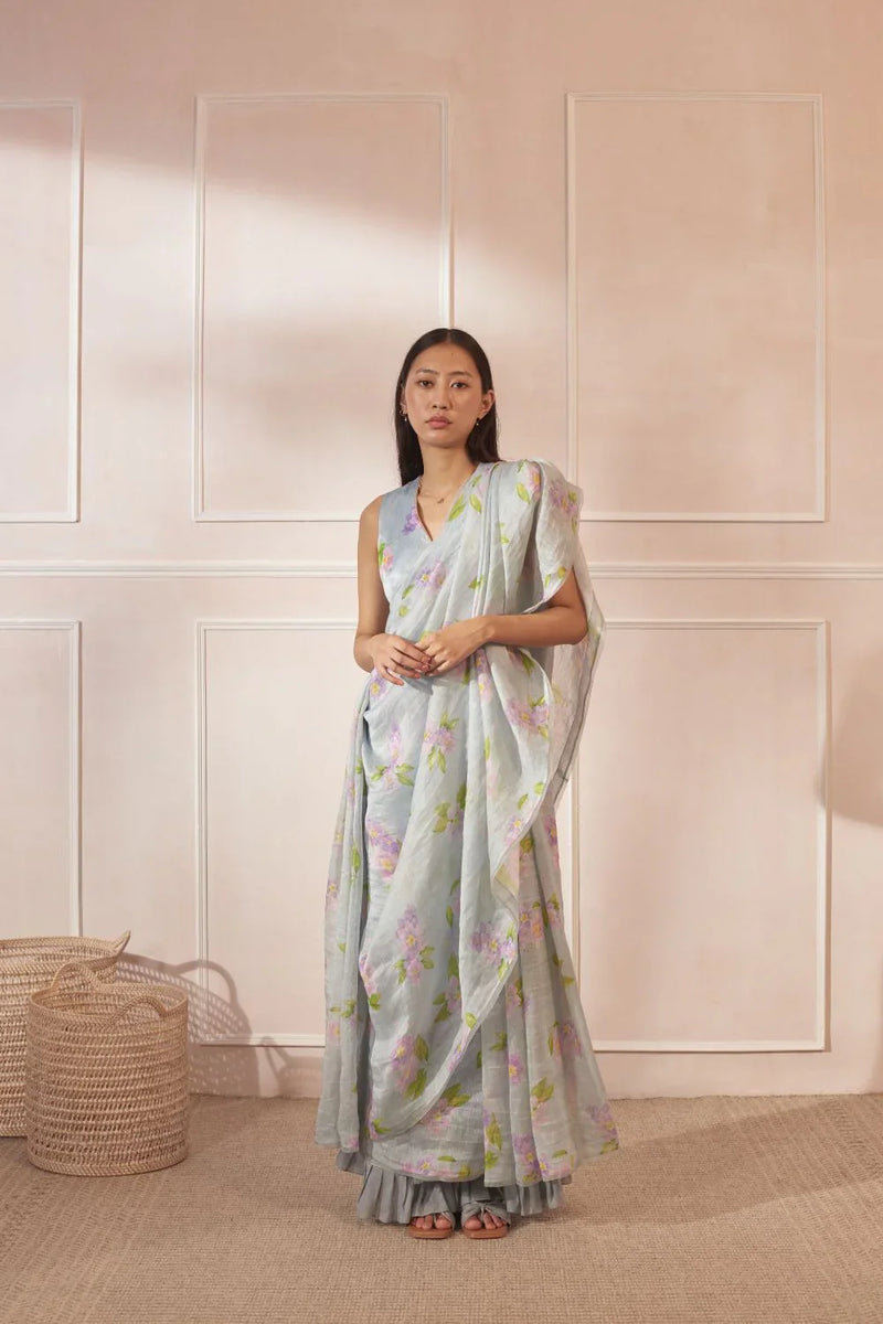Jarul Linen Silk Sari by Nadiya Paar in blue color for women Worldwide