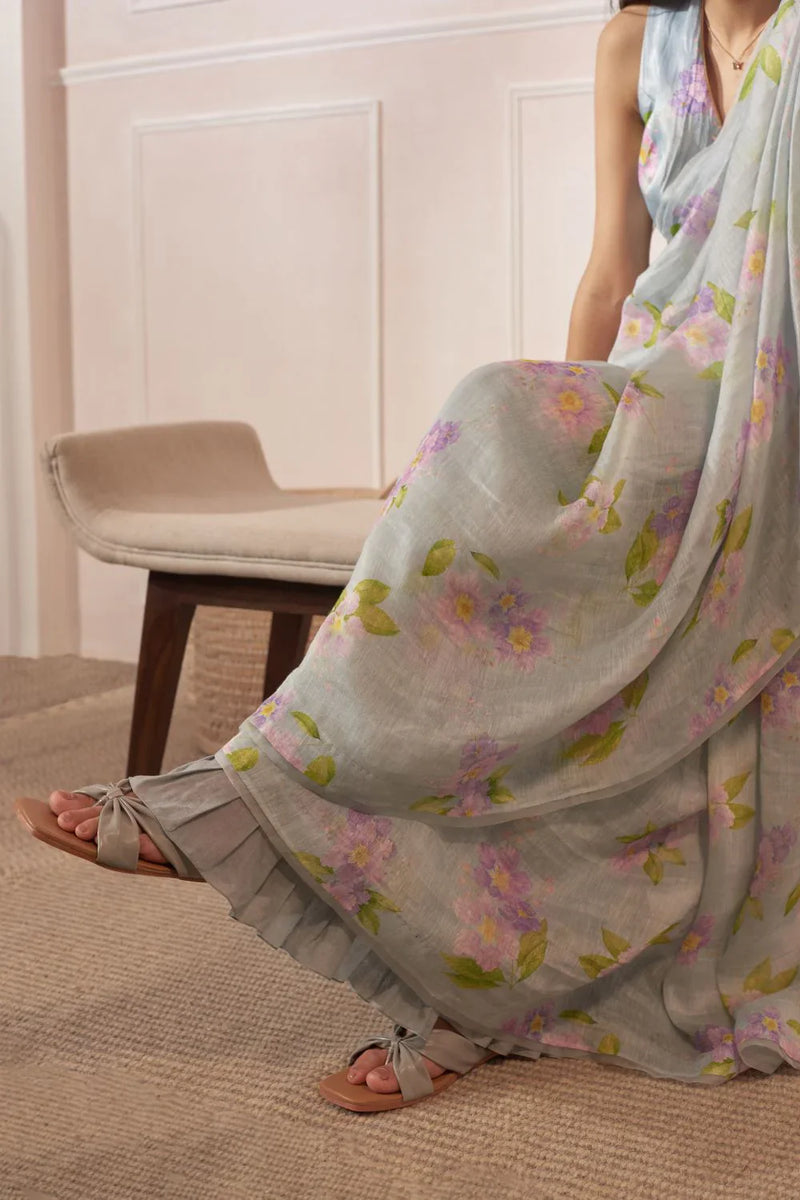Jarul Linen Silk Sari by Nadiya Paar in blue color for women Worldwide