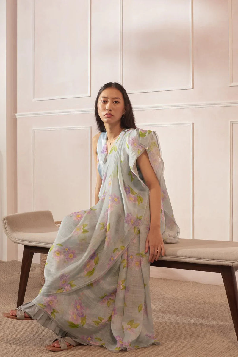 Jarul Linen Silk Sari by Nadiya Paar in blue color for women Worldwide