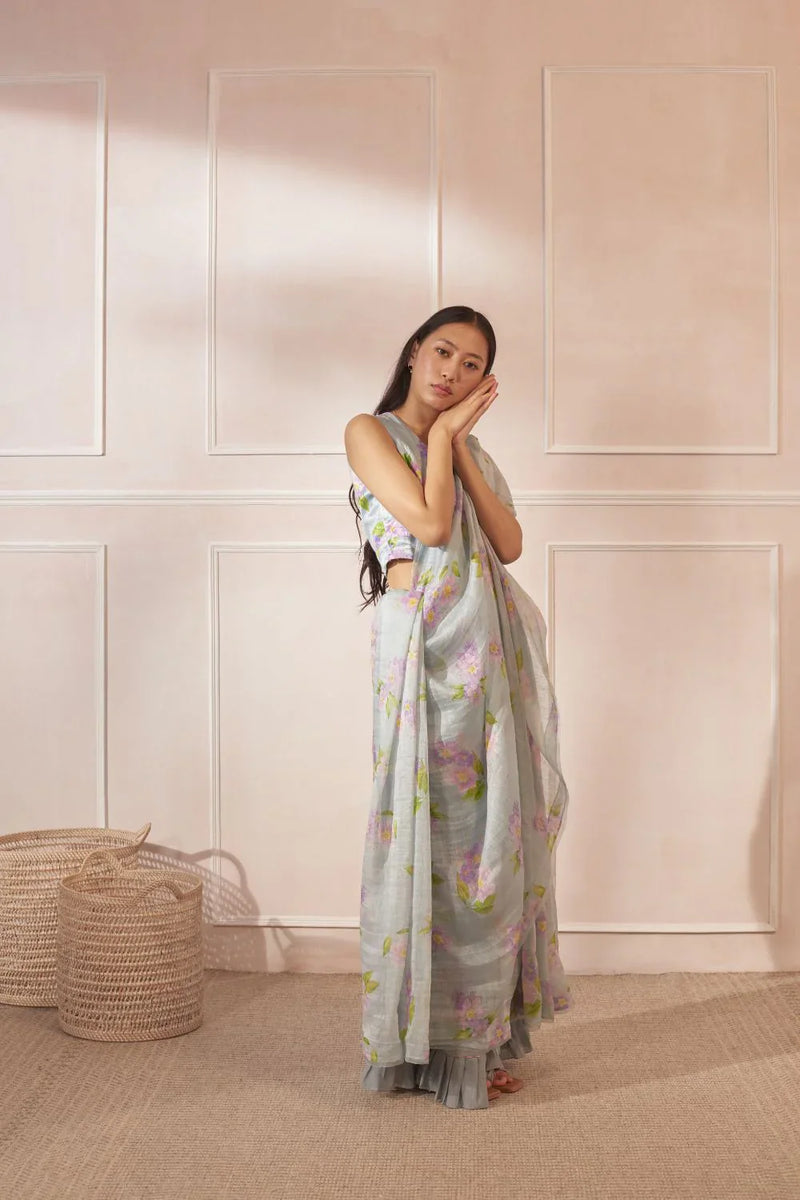 Jarul Linen Silk Sari by Nadiya Paar in blue color for women Worldwide