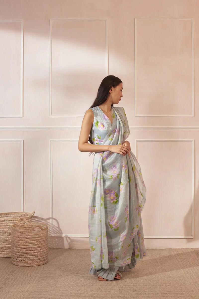 Jarul Linen Silk Sari by Nadiya Paar in blue color for women Worldwide
