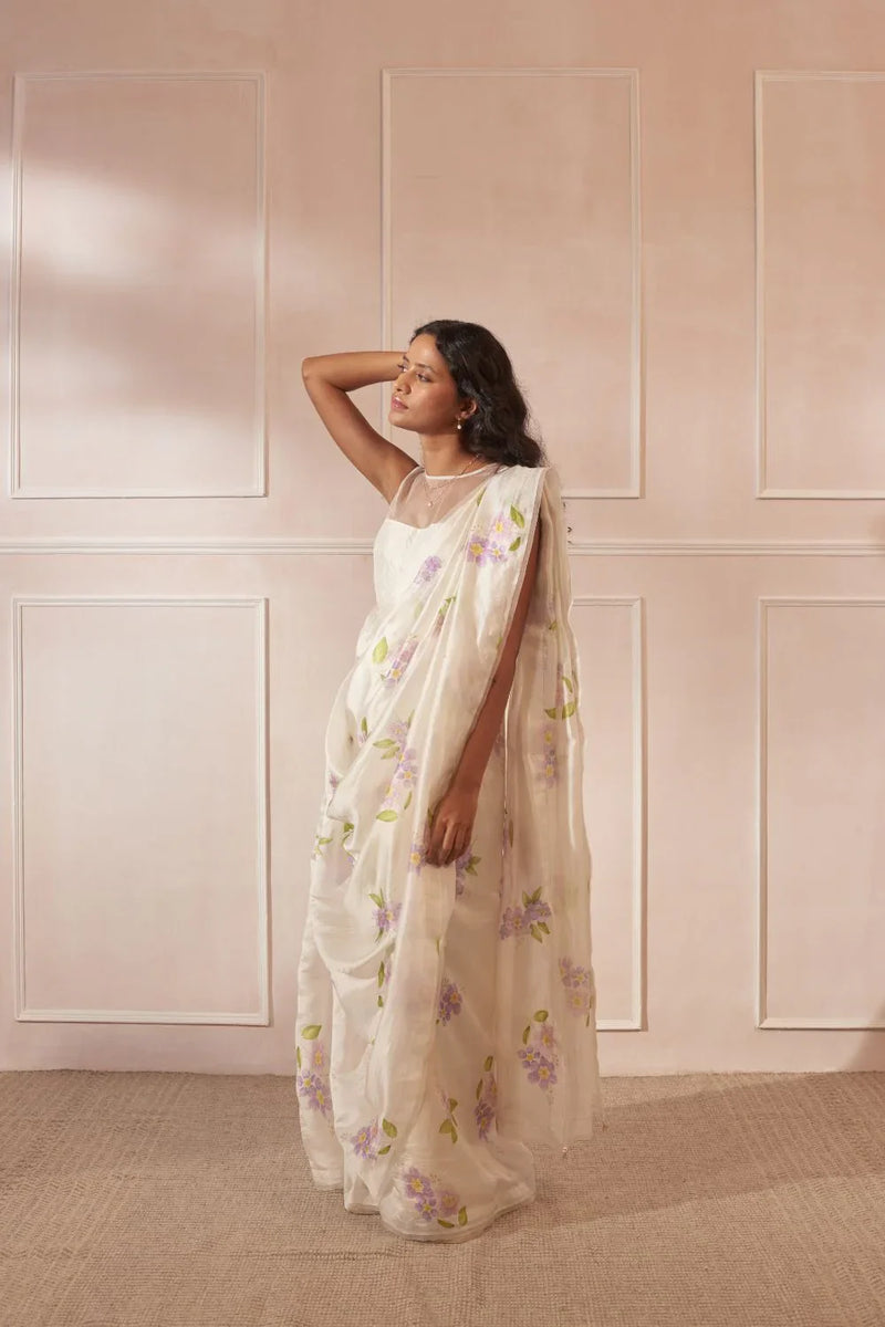 Jarul Mulberry Organza Silk Sari silk by Nadiya Paar in white color for women Worldwide