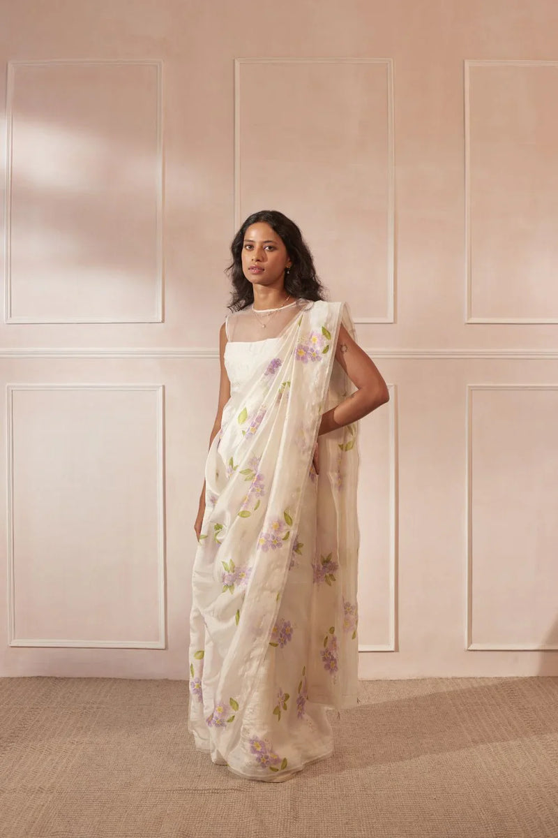 Jarul Mulberry Organza Silk Sari silk by Nadiya Paar in white color for women Worldwide