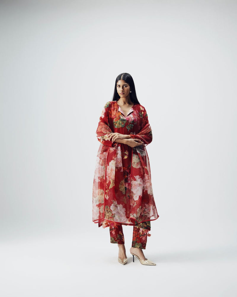 Jingle Embroidered Kurta Set by YAM in red color for women Worldwide