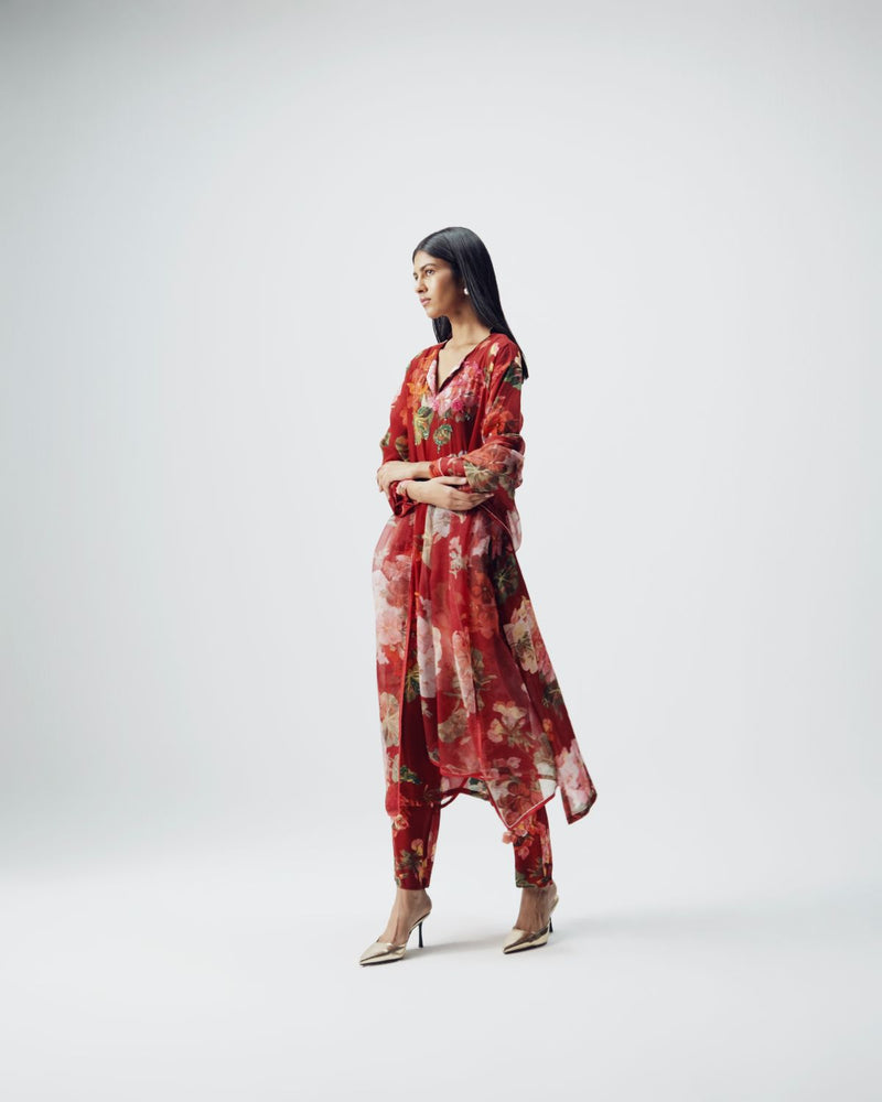 Jingle Embroidered Kurta Set by YAM in red color for women Worldwide