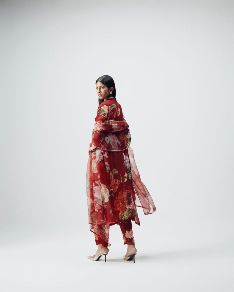 Jingle Embroidered Kurta Set by YAM in red color for women Worldwide