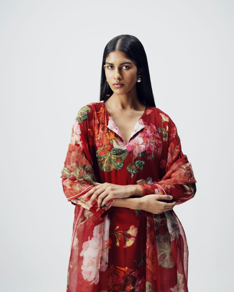 Jingle Embroidered Kurta Set by YAM in red color for women Worldwide