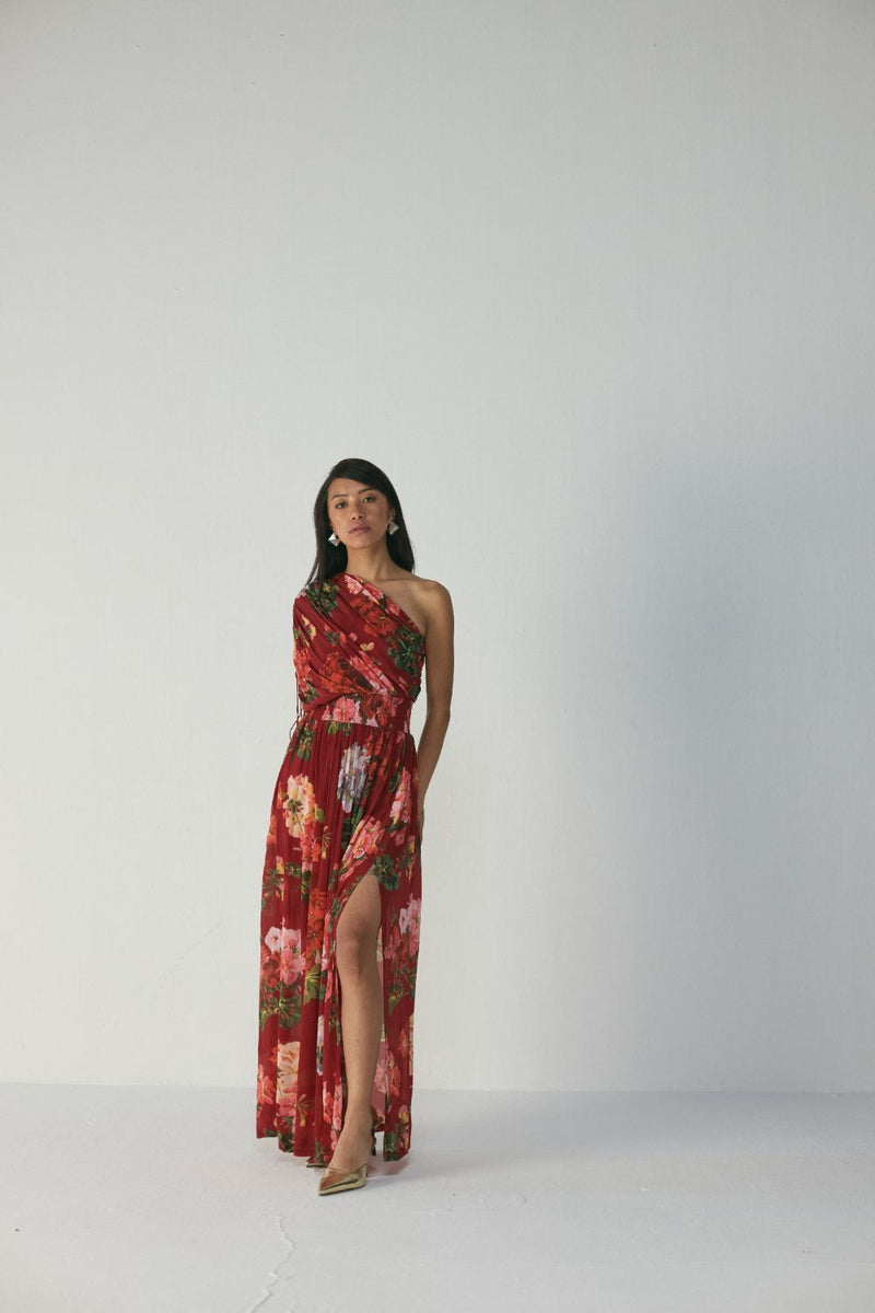 Jingle One Shoulder Dress by YAM in red color for women Worldwide