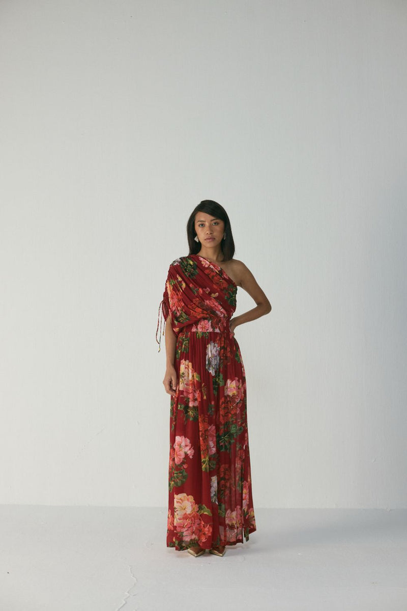 Jingle One Shoulder Dress by YAM in red color for women Worldwide