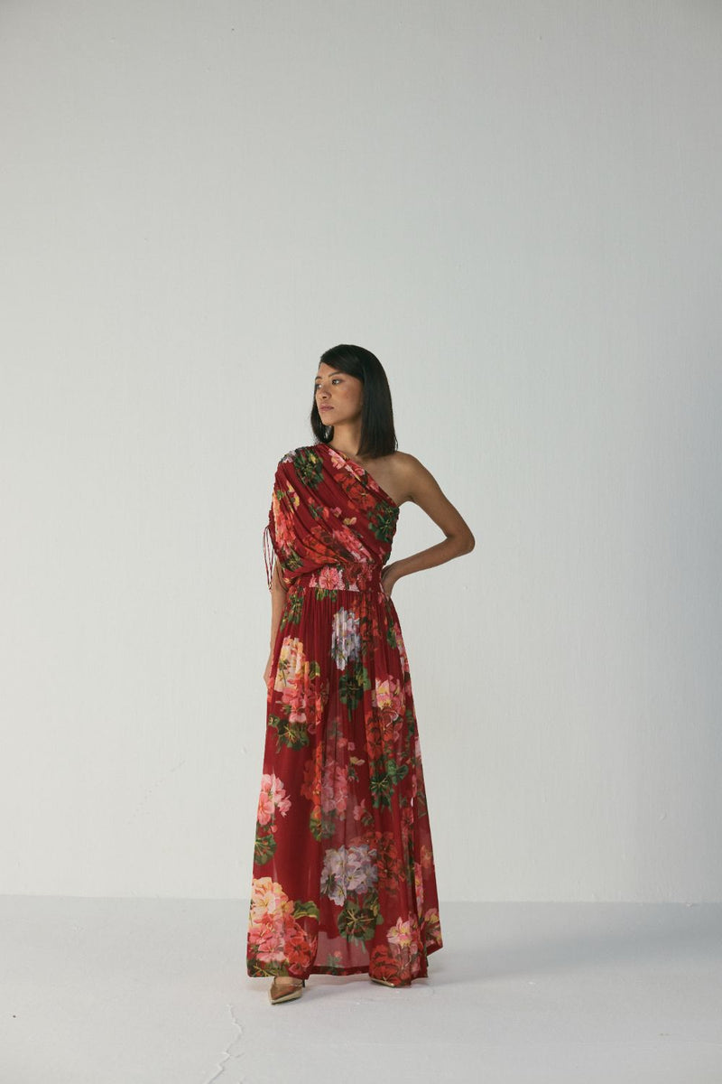 Jingle One Shoulder Dress by YAM in red color for women Worldwide