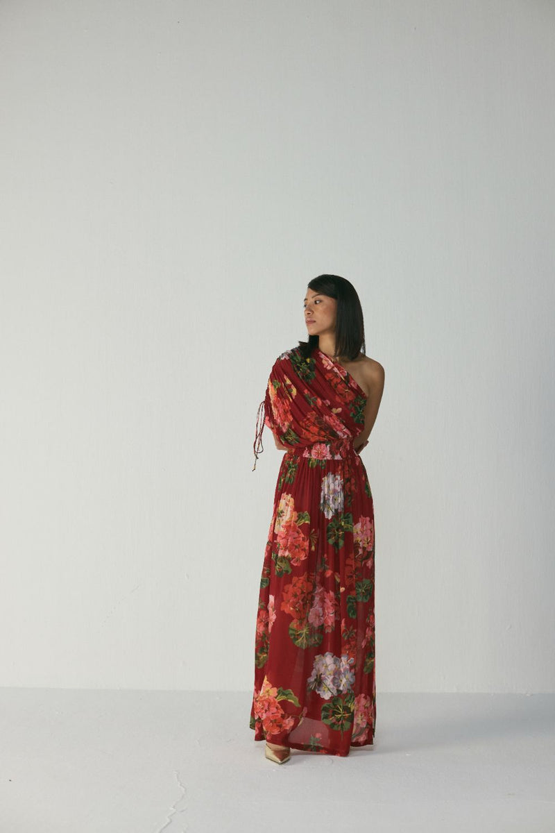 Jingle One Shoulder Dress by YAM in red color for women Worldwide