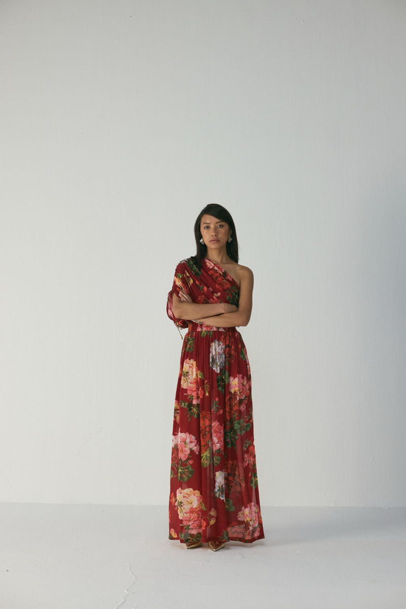 Jingle One Shoulder Dress by YAM in red color for women Worldwide