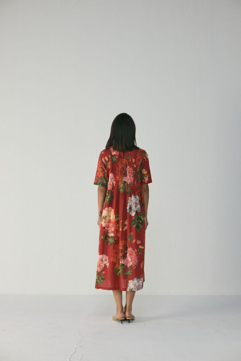 Jingle Pintucks Dress cotton by YAM in red color for women Worldwide