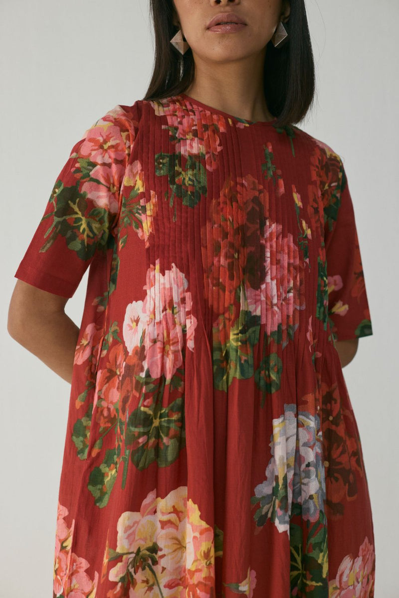 Jingle Pintucks Dress cotton by YAM in red color for women Worldwide
