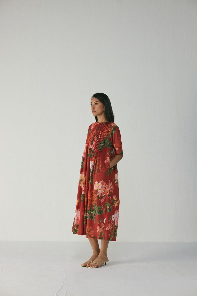 Jingle Pintucks Dress cotton by YAM in red color for women Worldwide