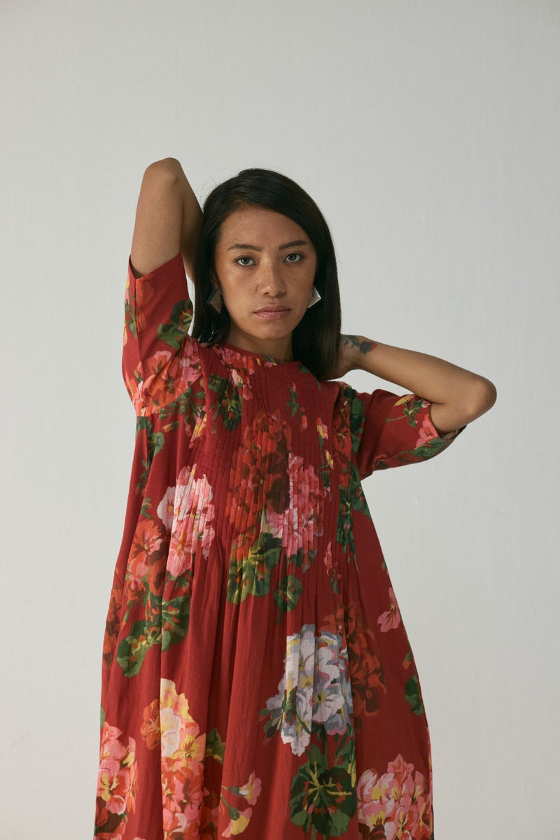 Jingle Pintucks Dress cotton by YAM in red color for women Worldwide
