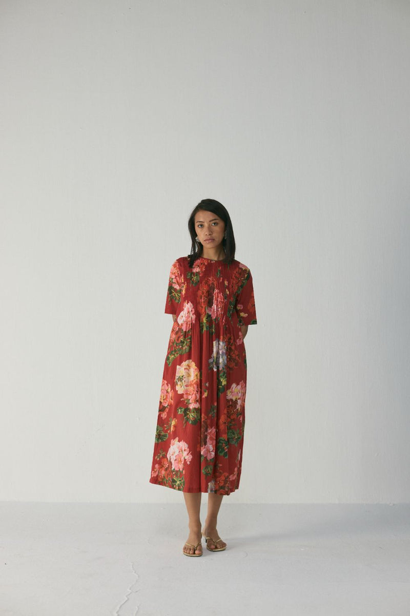 Jingle Pintucks Dress cotton by YAM in red color for women Worldwide