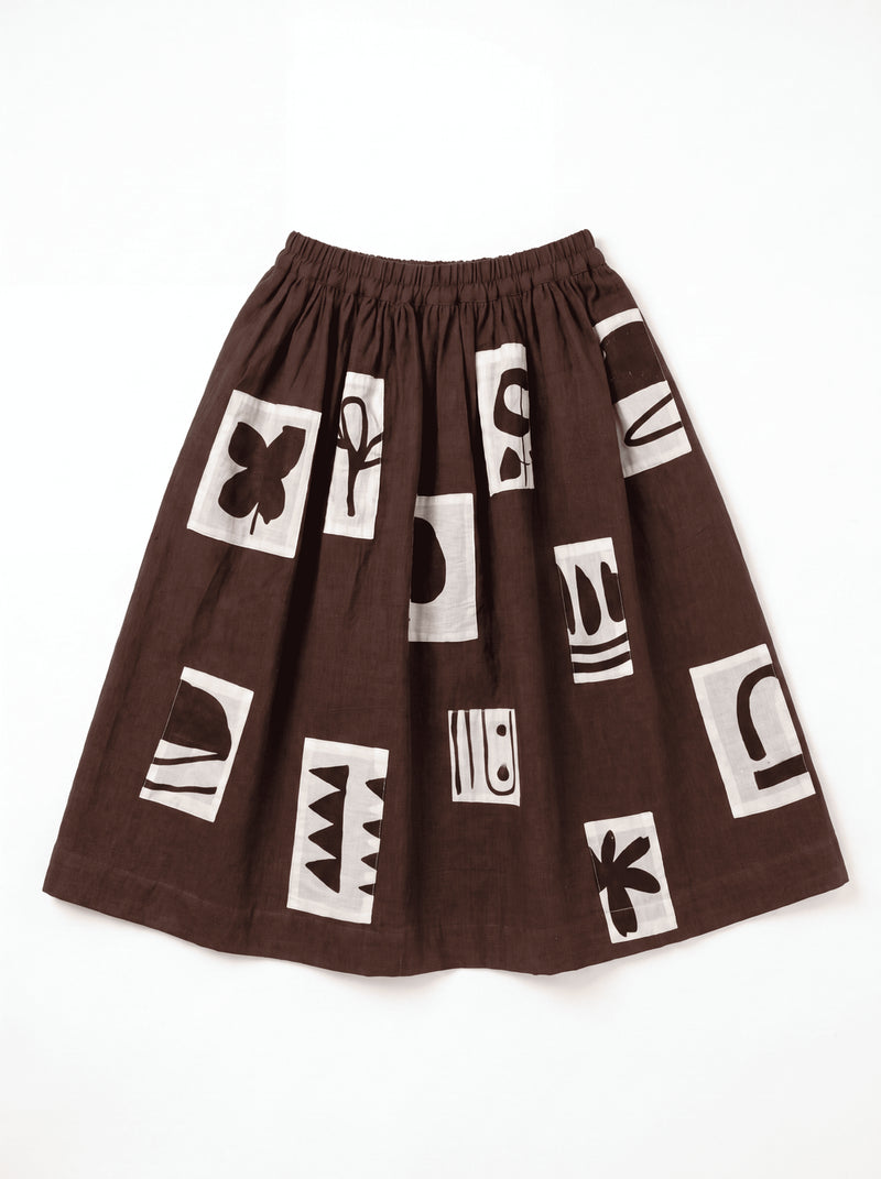 Joy Skirt-Monochrome Patches hand-woven organic cotton skirt by World of Crow in brown for women Worldwide